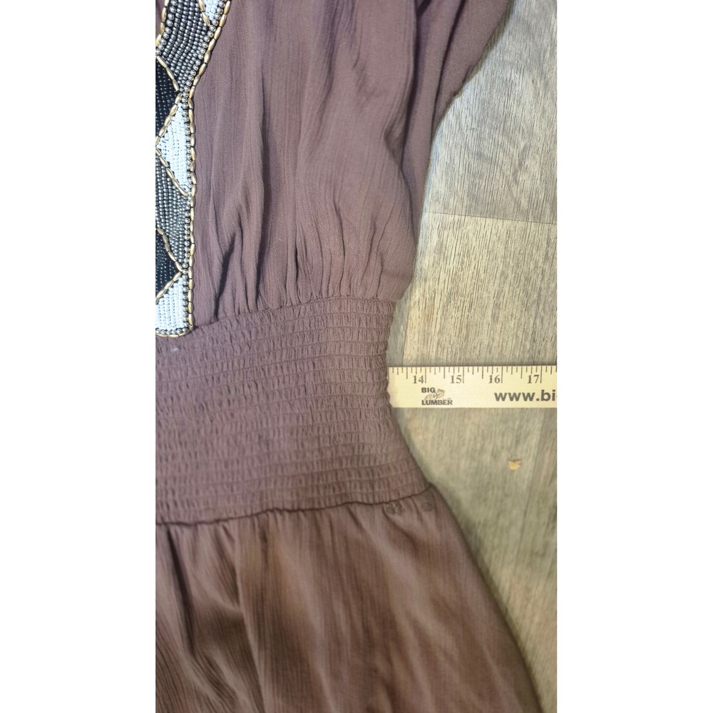 Venus Brown Boho Beaded V-Neck Smocked Waist Ruffle Hem Mini Dress Womens Small - Picture 11 of 15